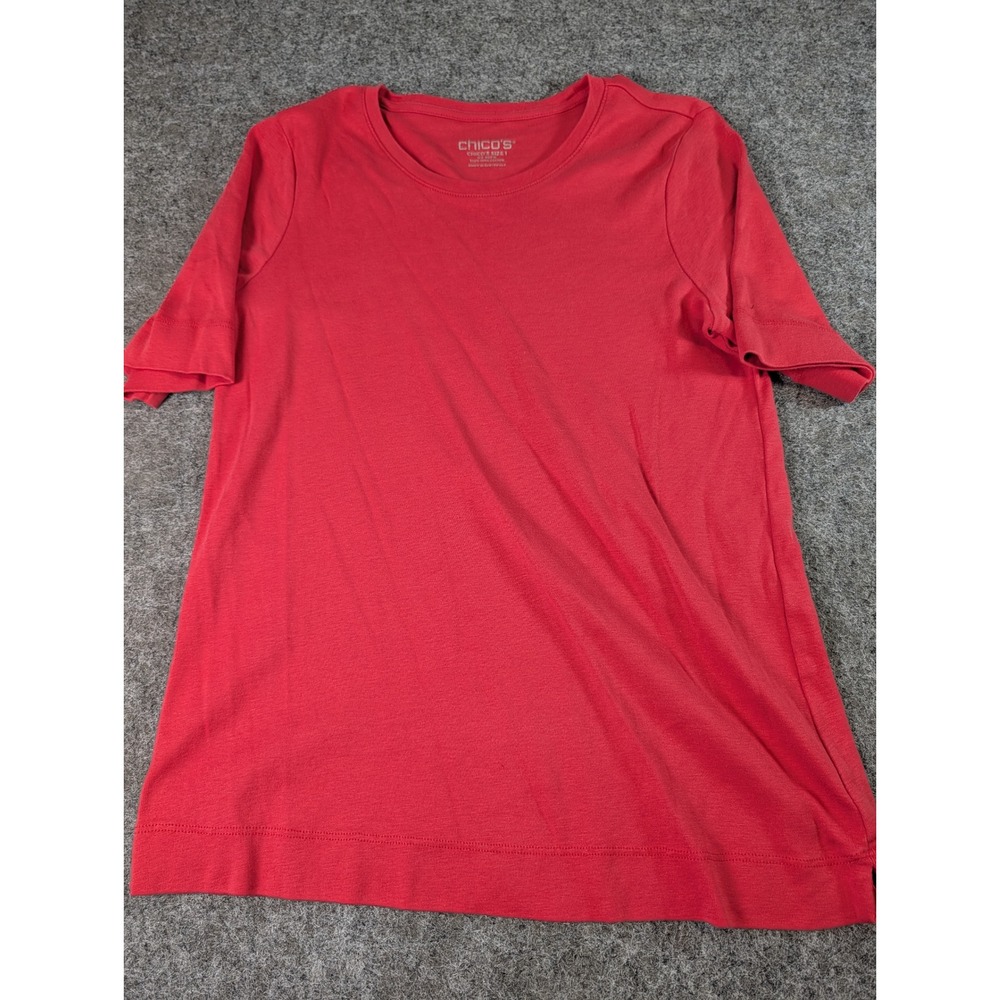 Chicos Red Pima Cotton Short Sleeve Crew Neck Tee Shirt Size 1 M EUC